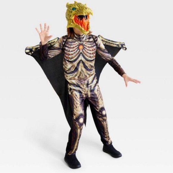NWT Light Up & Sound Skeletal Dragon Jumper  Mask Wings Kid Halloween Costume M - Picture 3 of 7